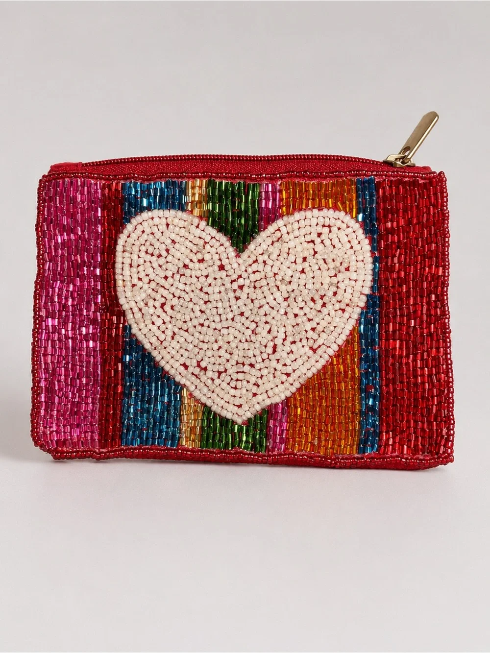 Rainbow Beaded Heart Coin Purse | Handmade Zip Pouch | Colorful Boho Wallet